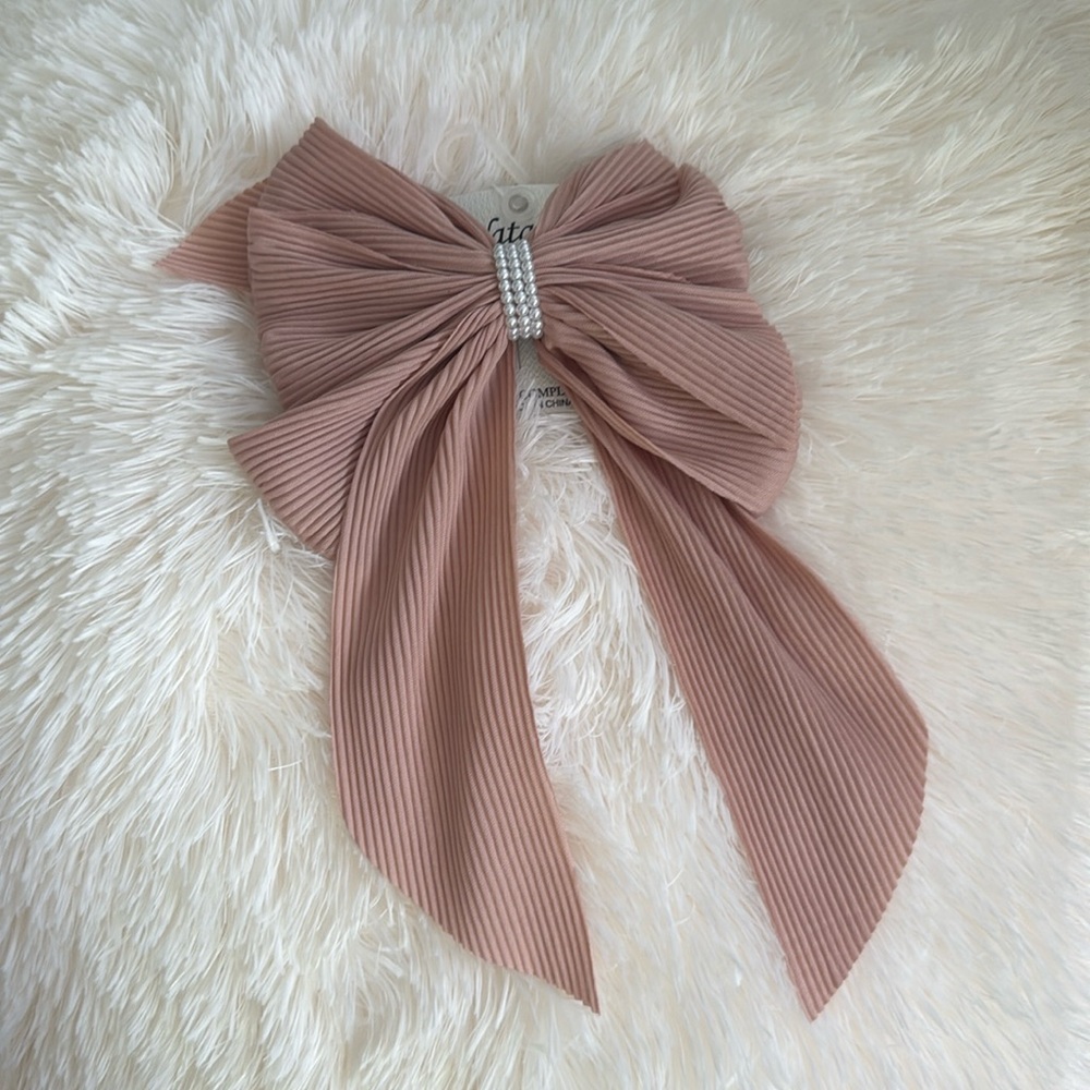 Pink Pleated Bow with Pearl Accent